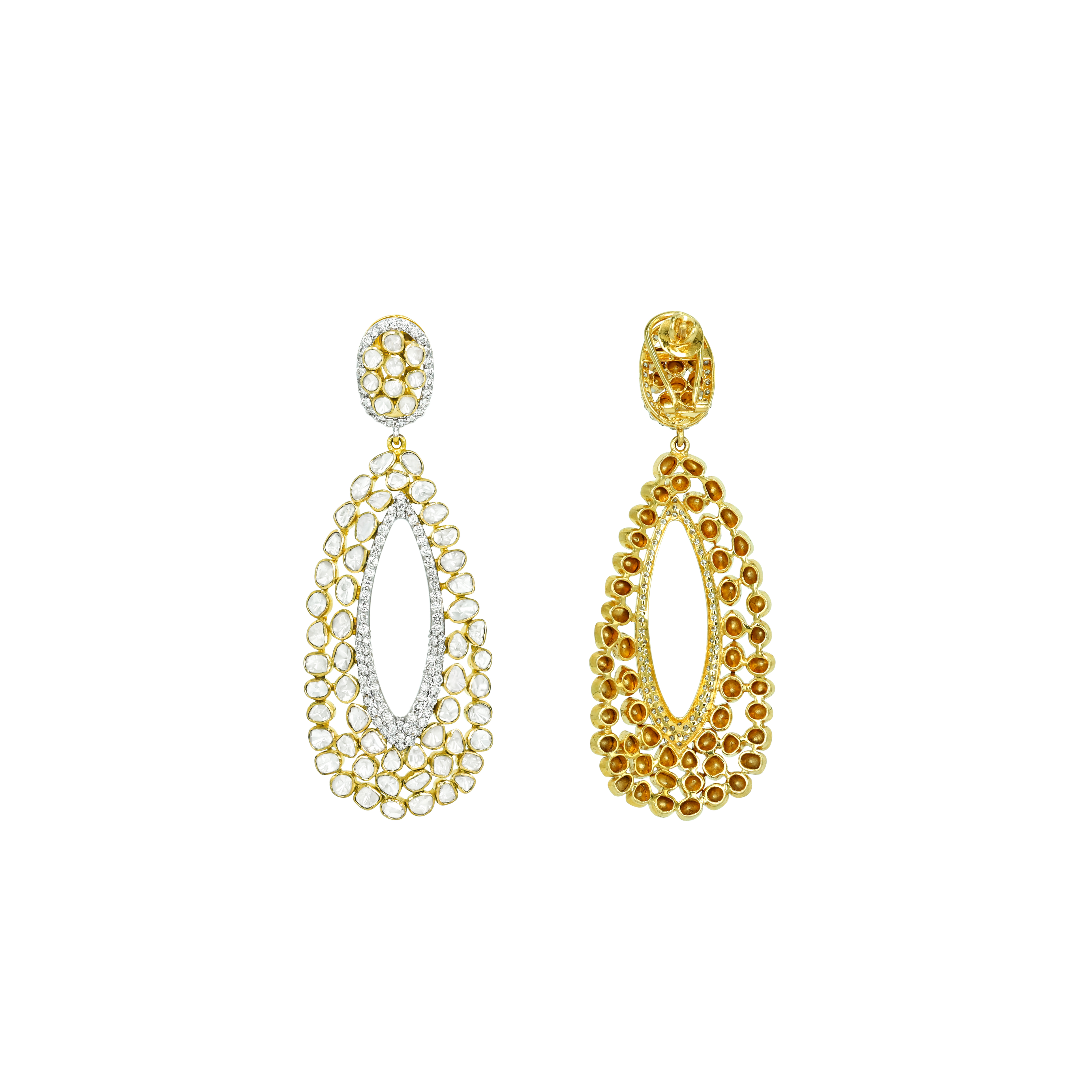 Oval Polki Drop Earrings with Double-Layered Polki